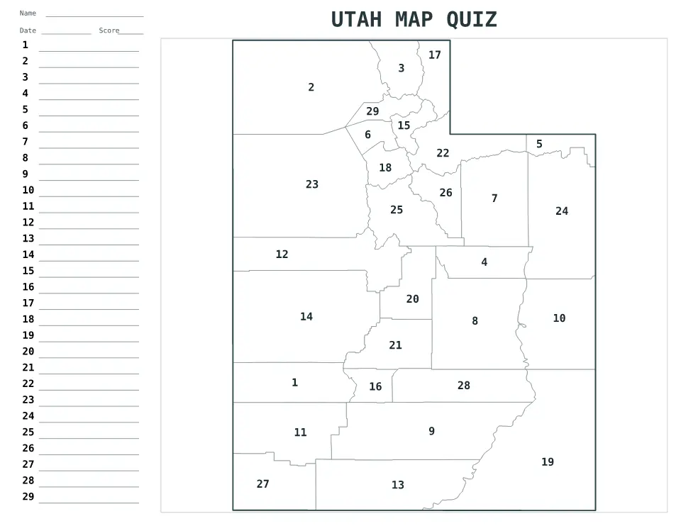 Utah Numbered quiz map preview