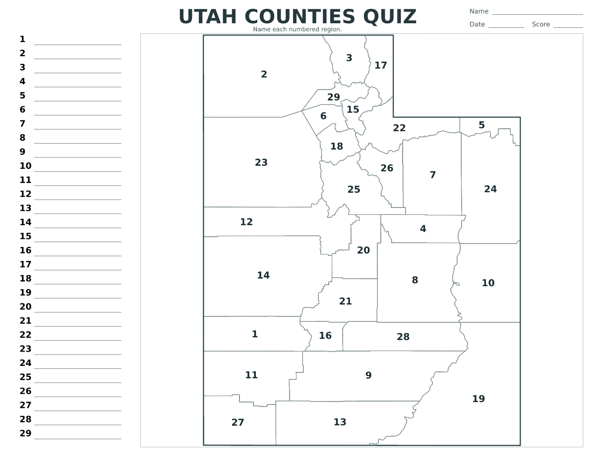 Cuestionario de condados: Utah, United States con 29 condados con números.