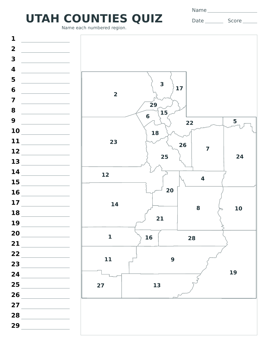 Cuestionario de condados: Utah, United States con 29 condados con números.
