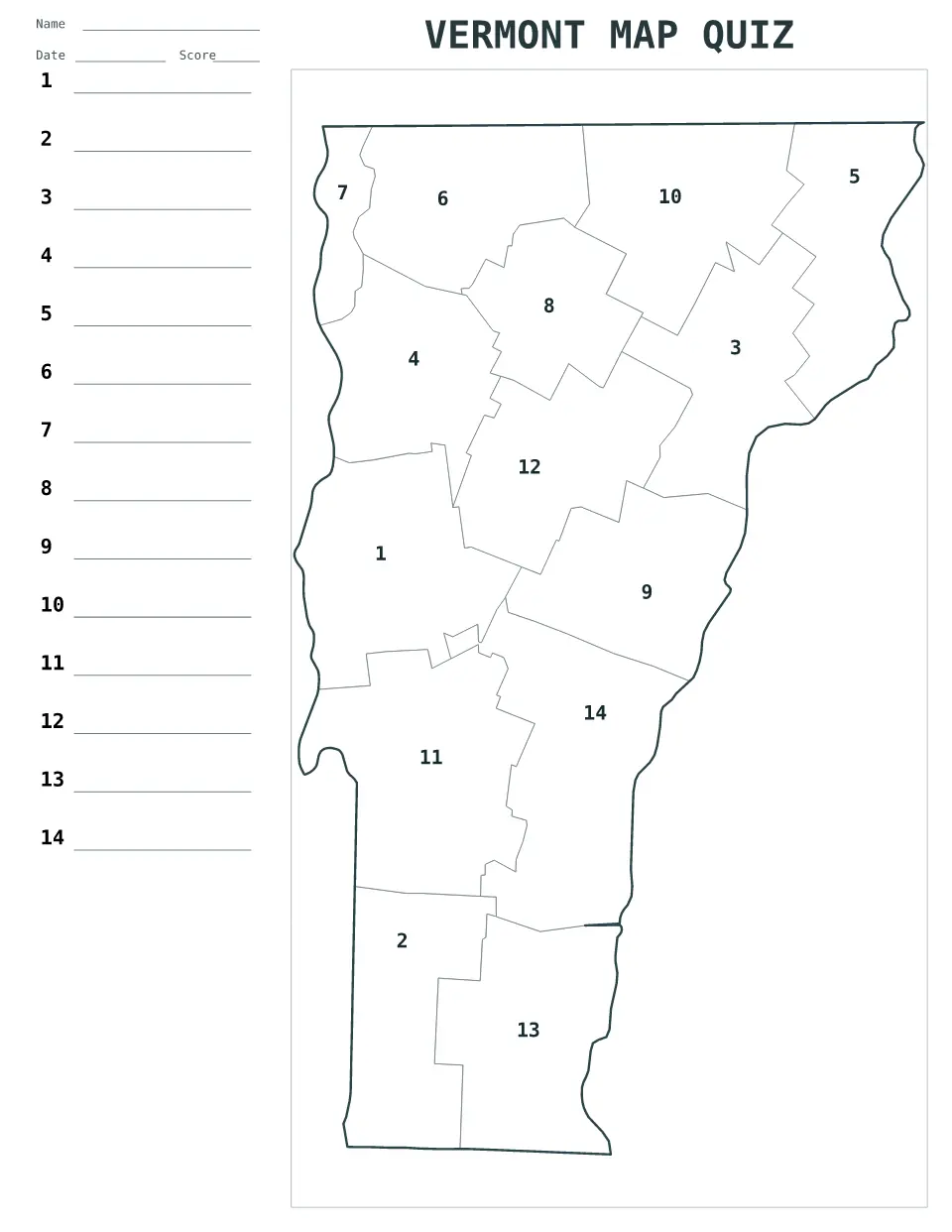 Printable Vermont, United States numbered map quiz with 14 regions and an answer key.
