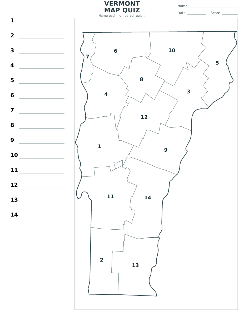 Cuestionario de condados: Vermont, United States con 14 condados con números.