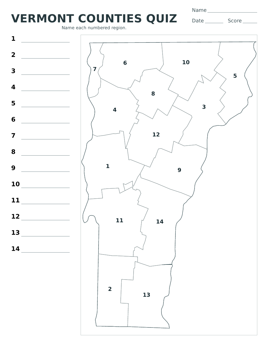 Cuestionario de condados: Vermont, United States con 14 condados con números.