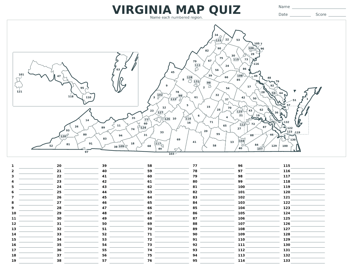 Cuestionario de ciudades y condados: Virginia, United States con 133 ciudades y condados con números.