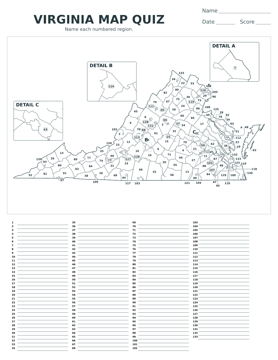 Cuestionario de ciudades y condados: Virginia, United States con 133 ciudades y condados con números.