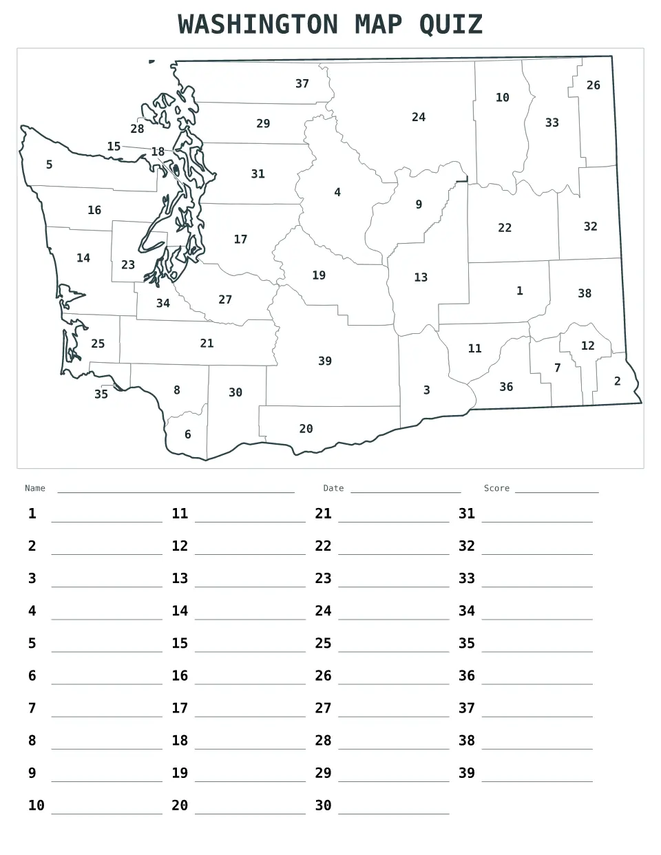 Washington Numbered quiz map preview