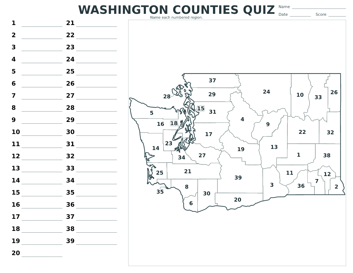 Cuestionario de condados: Washington, United States con 39 condados con números.