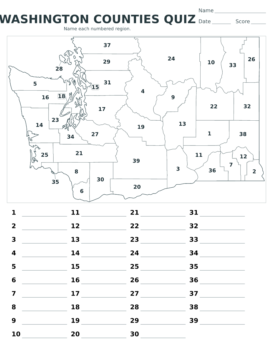 Cuestionario de condados: Washington, United States con 39 condados con números.