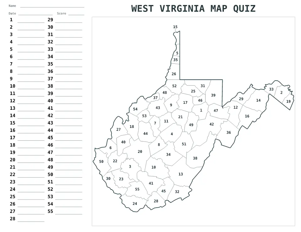 West Virginia Numbered quiz map preview