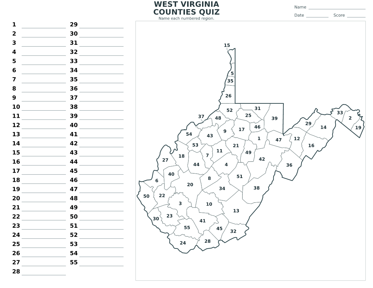 Cuestionario de condados: West Virginia, United States con 55 condados con números.