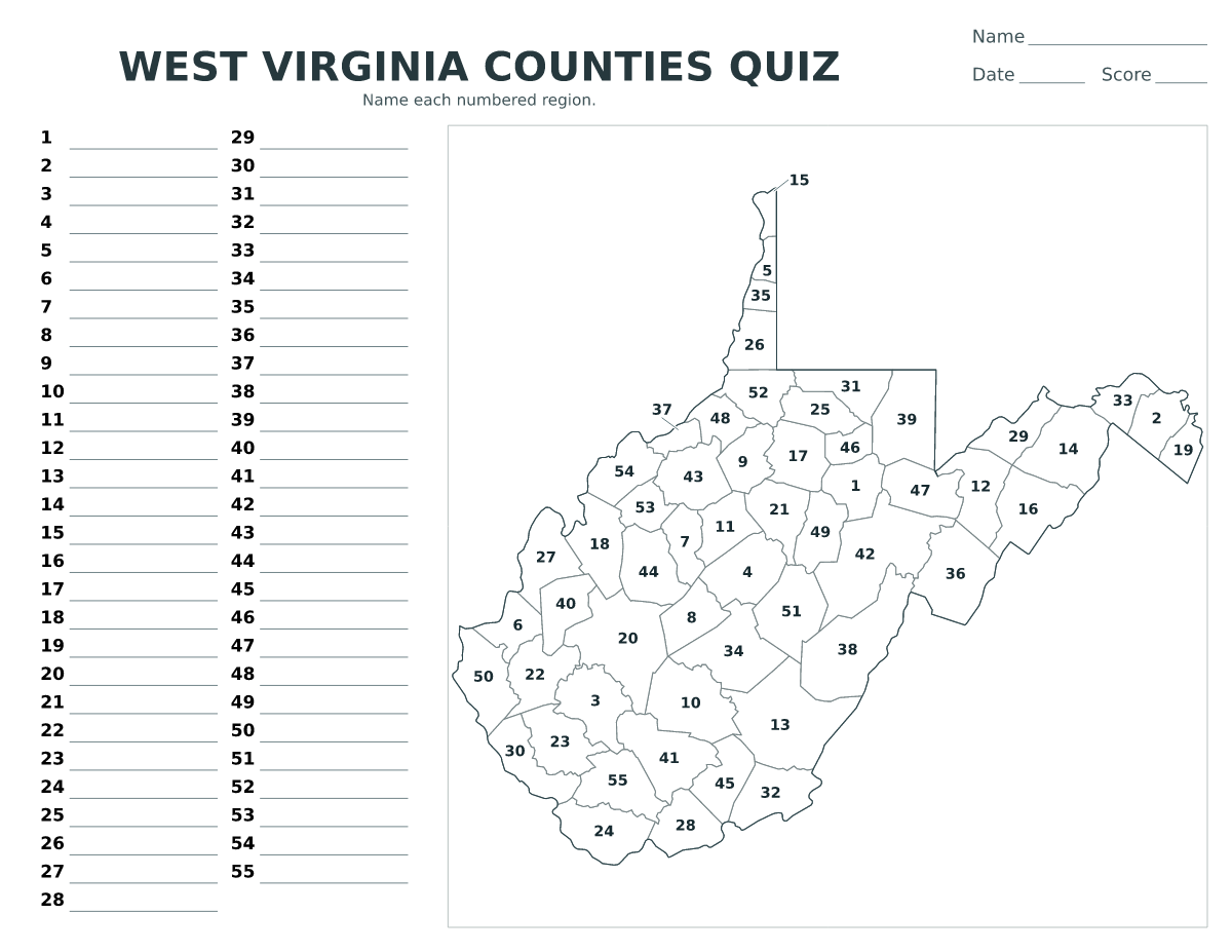 Cuestionario de condados: West Virginia, United States con 55 condados con números.