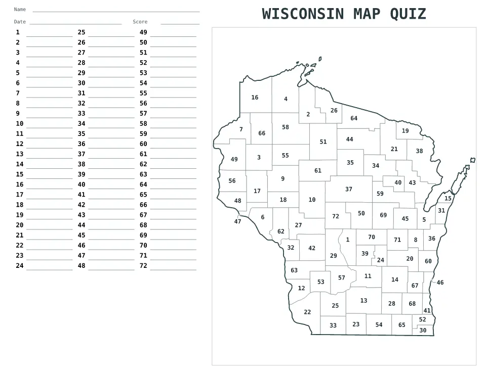 Printable Wisconsin, United States numbered map quiz with 72 regions and an answer key.