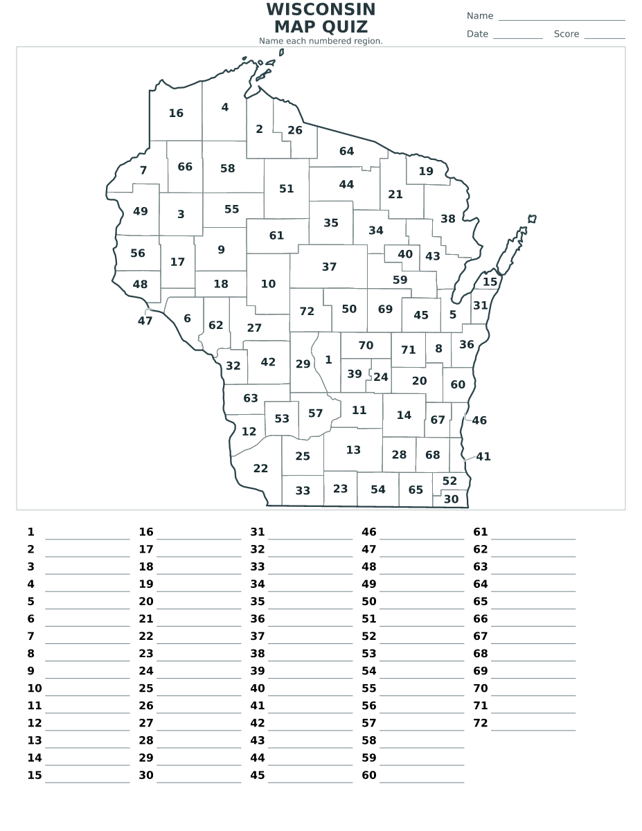 Cuestionario de condados: Wisconsin, United States con 72 condados con números.