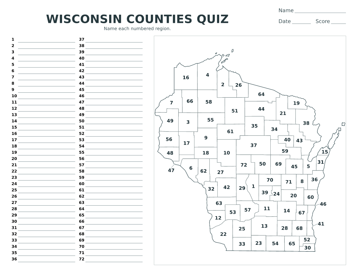 Cuestionario de condados: Wisconsin, United States con 72 condados con números.