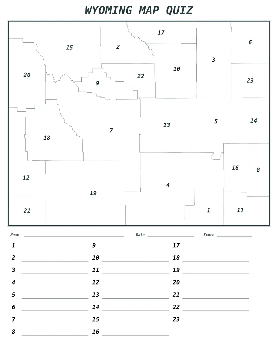 Wyoming Numbered quiz map preview
