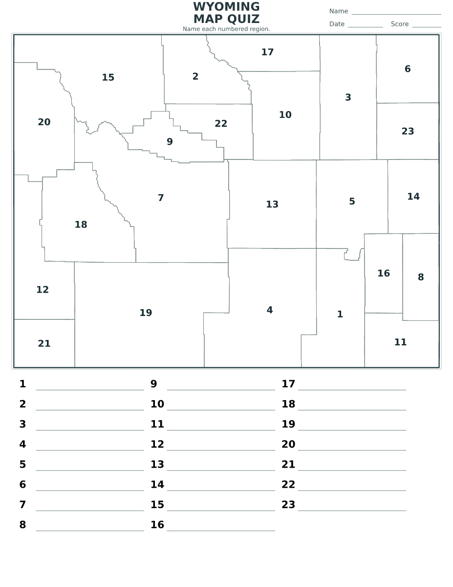 Cuestionario de condados: Wyoming, United States con 23 condados con números.