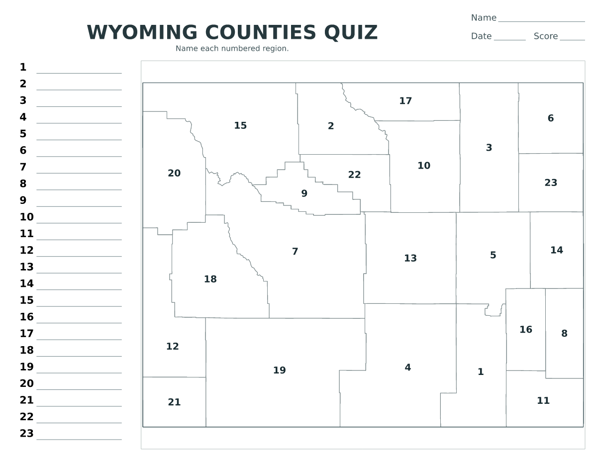 Cuestionario de condados: Wyoming, United States con 23 condados con números.