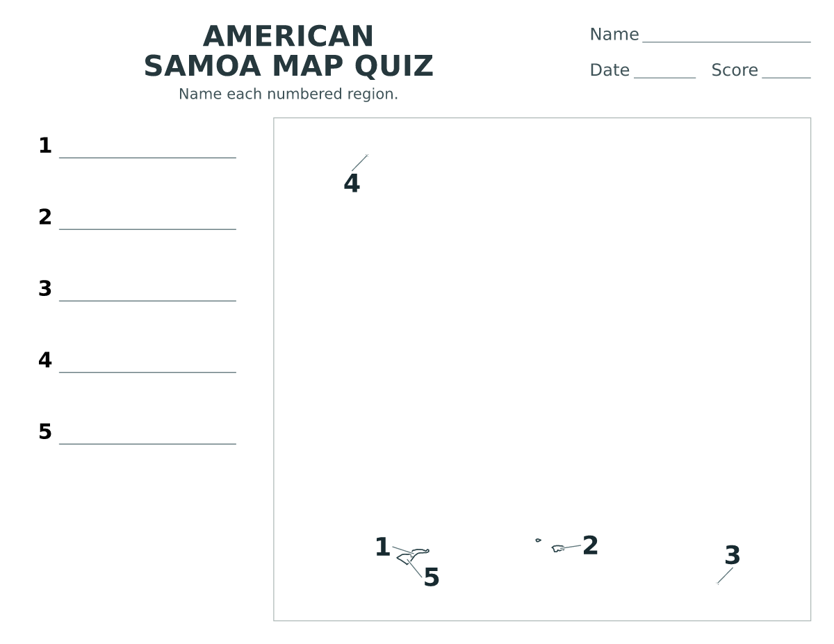 Cuestionario imprimible del mapa de American Samoa con 5 regiones numeradas.