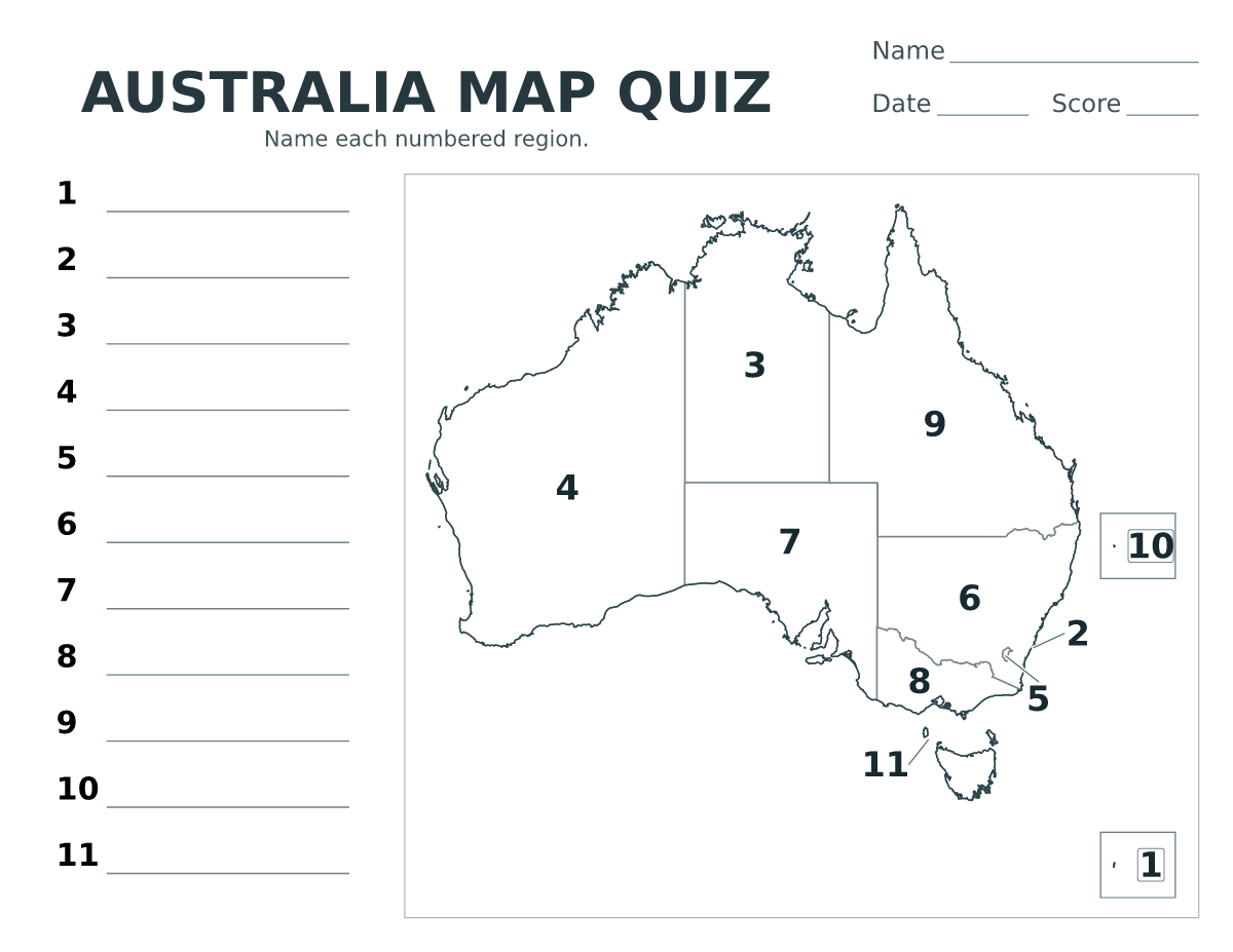 Cuestionario imprimible del mapa de Australia con 11 regiones numeradas.