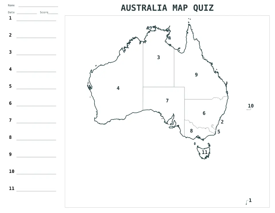 Aperçu de la carte Quiz numéroté de Australia