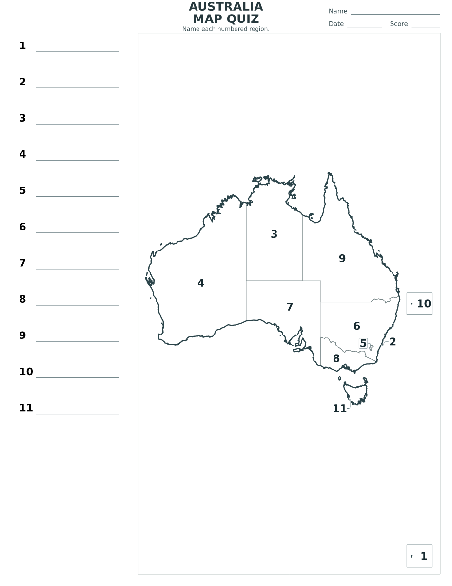 Australia map quiz with 11 numbered regions.