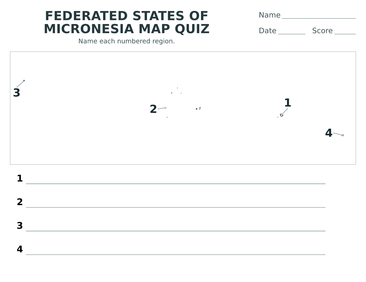 Cuestionario imprimible del mapa de Federated States of Micronesia con 4 regiones numeradas.