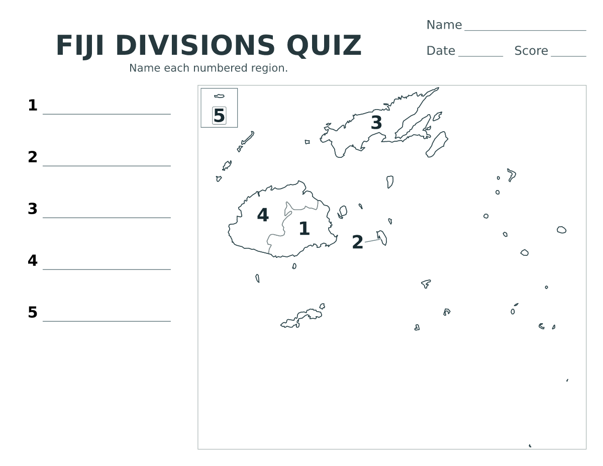 Cuestionario imprimible del mapa de Fiji con 5 regiones numeradas.