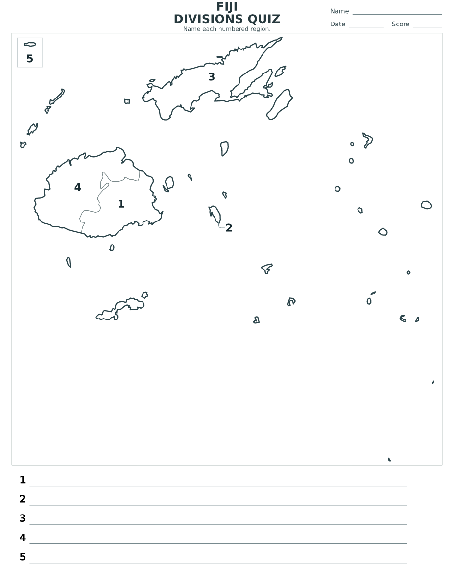 Quiz cartographique imprimable pour Fiji avec 5 régions numérotées.