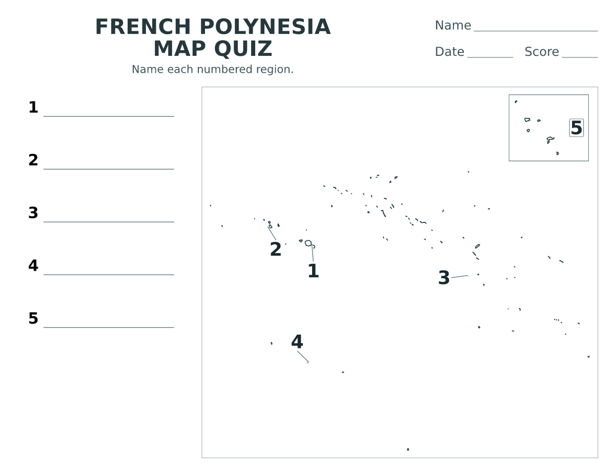 Cuestionario imprimible del mapa de French Polynesia con 5 regiones numeradas.