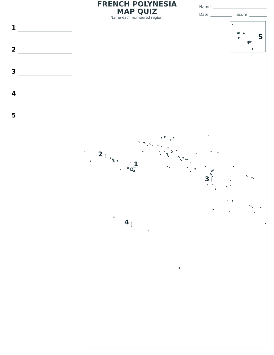 Quiz cartographique imprimable pour French Polynesia avec 5 régions numérotées.