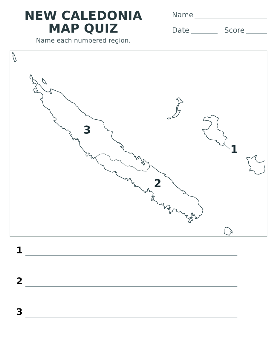 Cuestionario de provincias: New Caledonia con 3 provincias con números.
