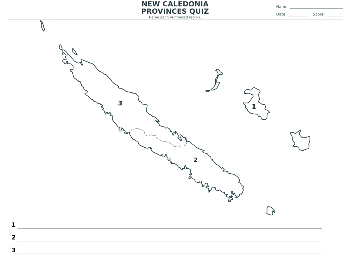 New Caledonia Provinces Quiz with 3 numbered provinces.