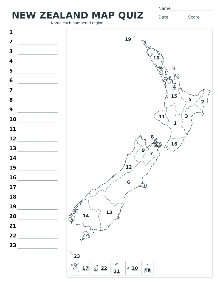 Cuestionario imprimible del mapa de New Zealand con 23 regiones numeradas.