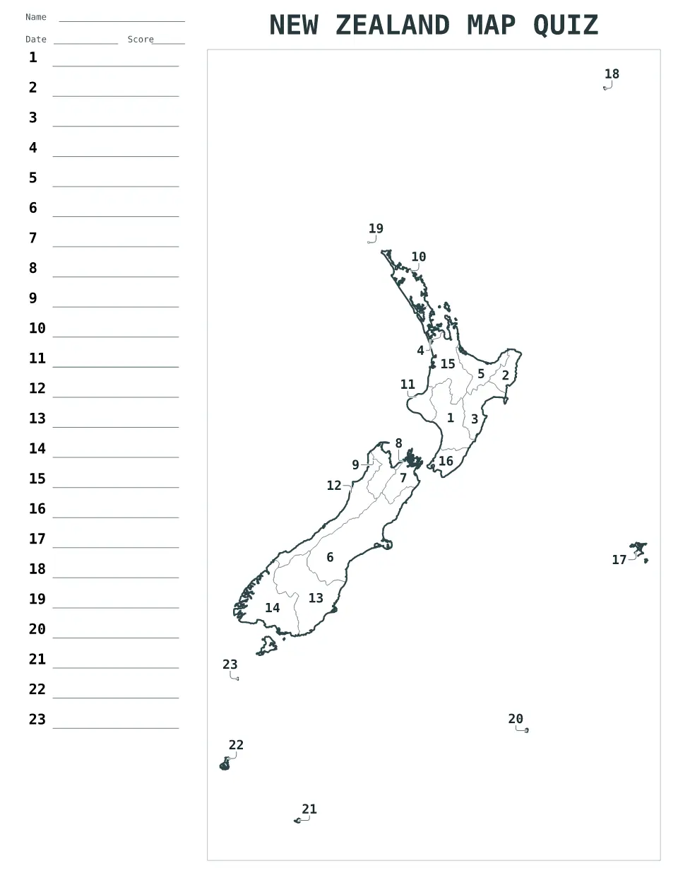 New Zealand Numbered quiz map preview