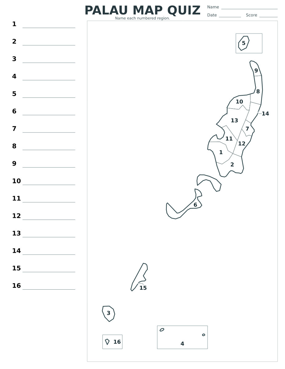 Palau map quiz with 16 numbered regions.