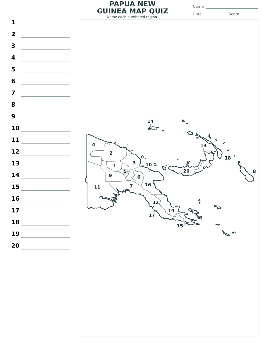 Papua New Guinea Provinces Quiz with 20 numbered provinces.