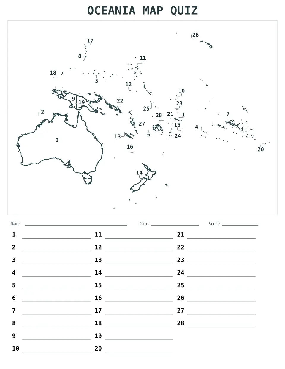 Vista previa del mapa Cuestionario numerado de Oceania