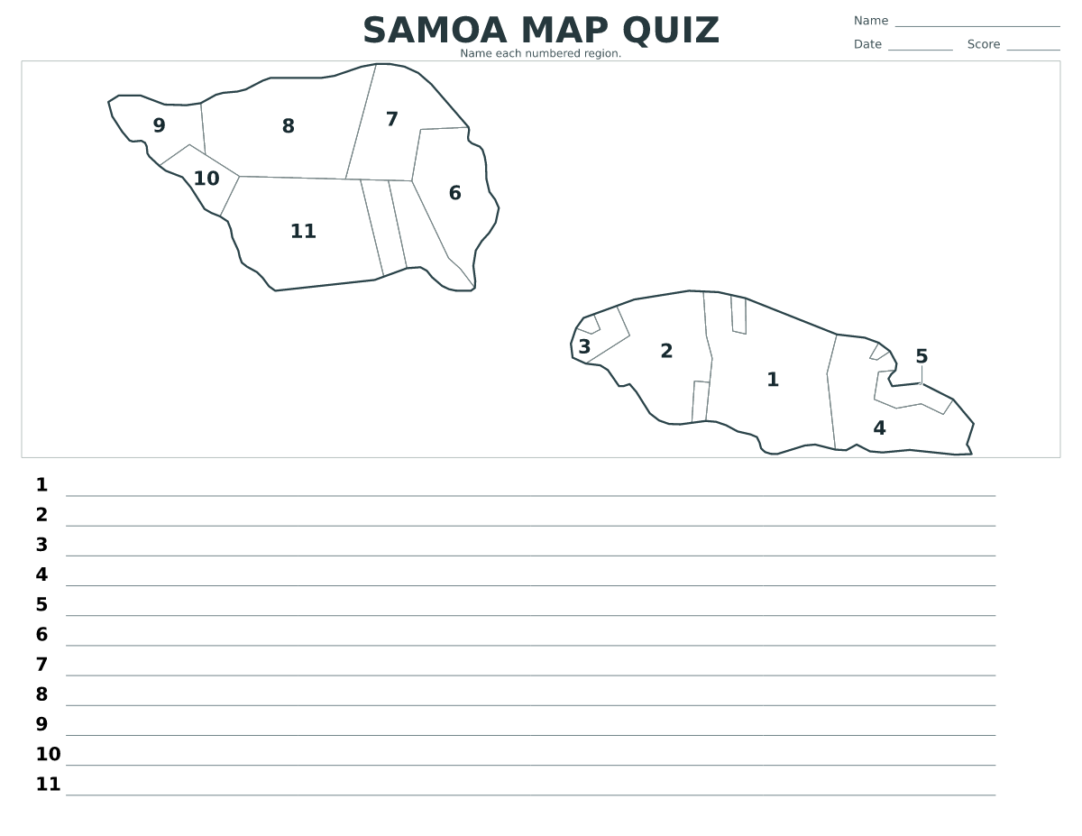 Samoa map quiz with 11 numbered regions.