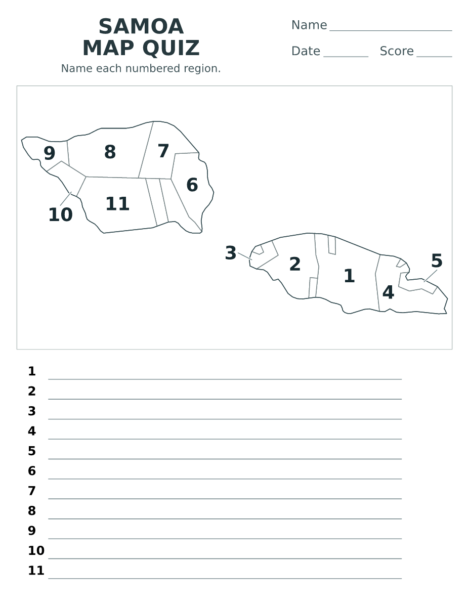 Cuestionario imprimible del mapa de Samoa con 11 regiones numeradas.