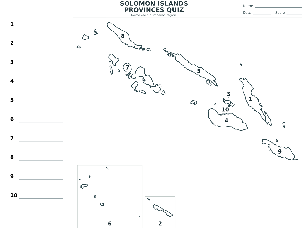 Solomon Islands Provinces Quiz with 10 numbered provinces.