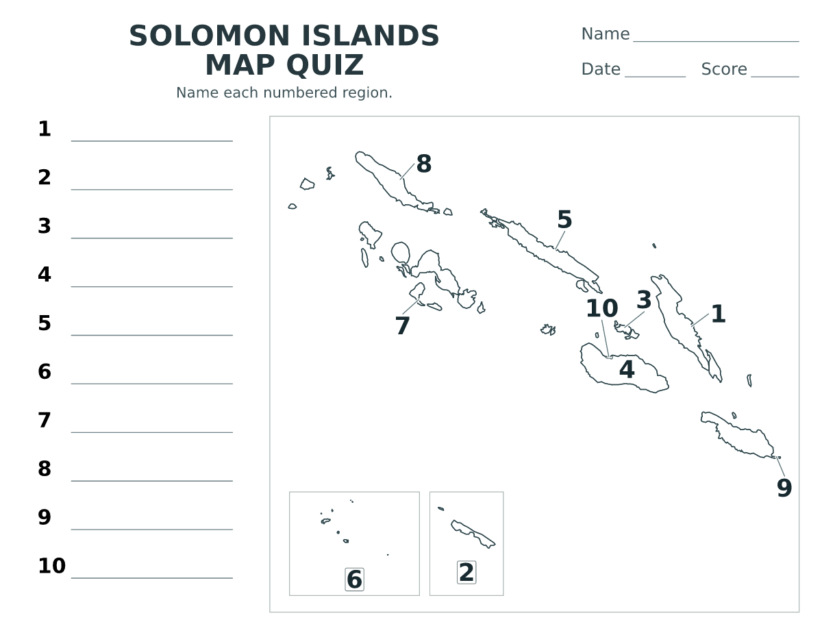 Cuestionario de provincias: Solomon Islands con 10 provincias con números.