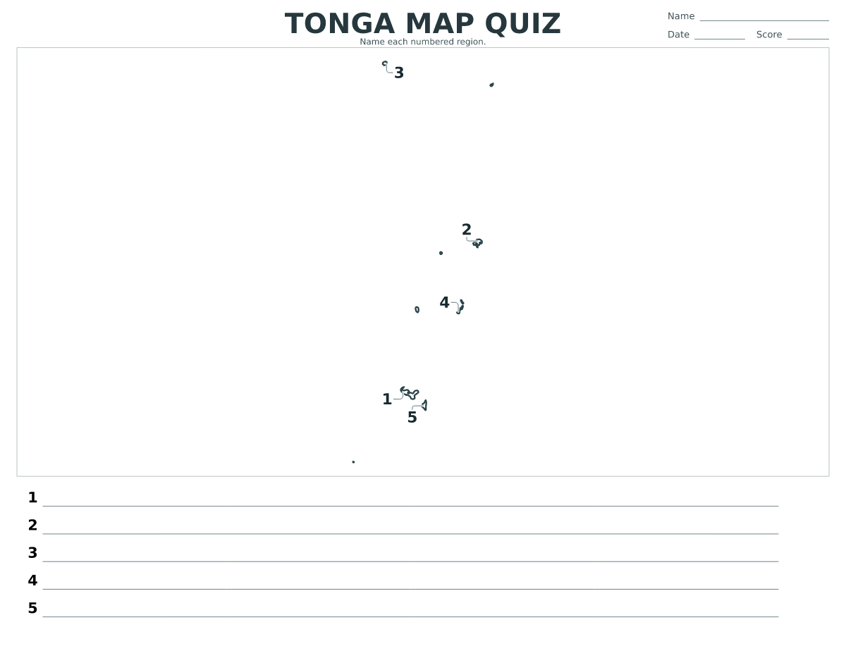 Tonga map quiz with 5 numbered regions.