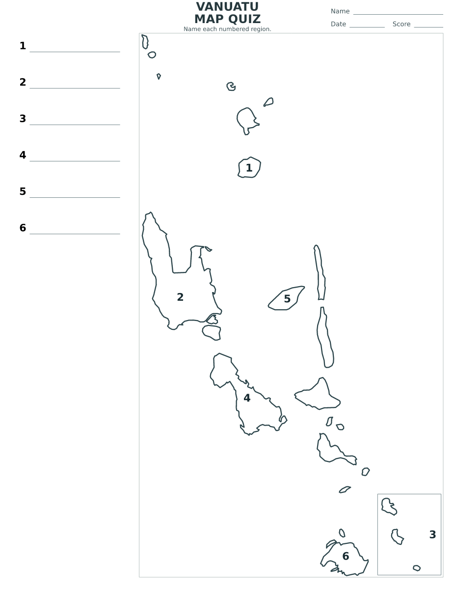 Vanuatu Provinces Quiz with 6 numbered provinces.