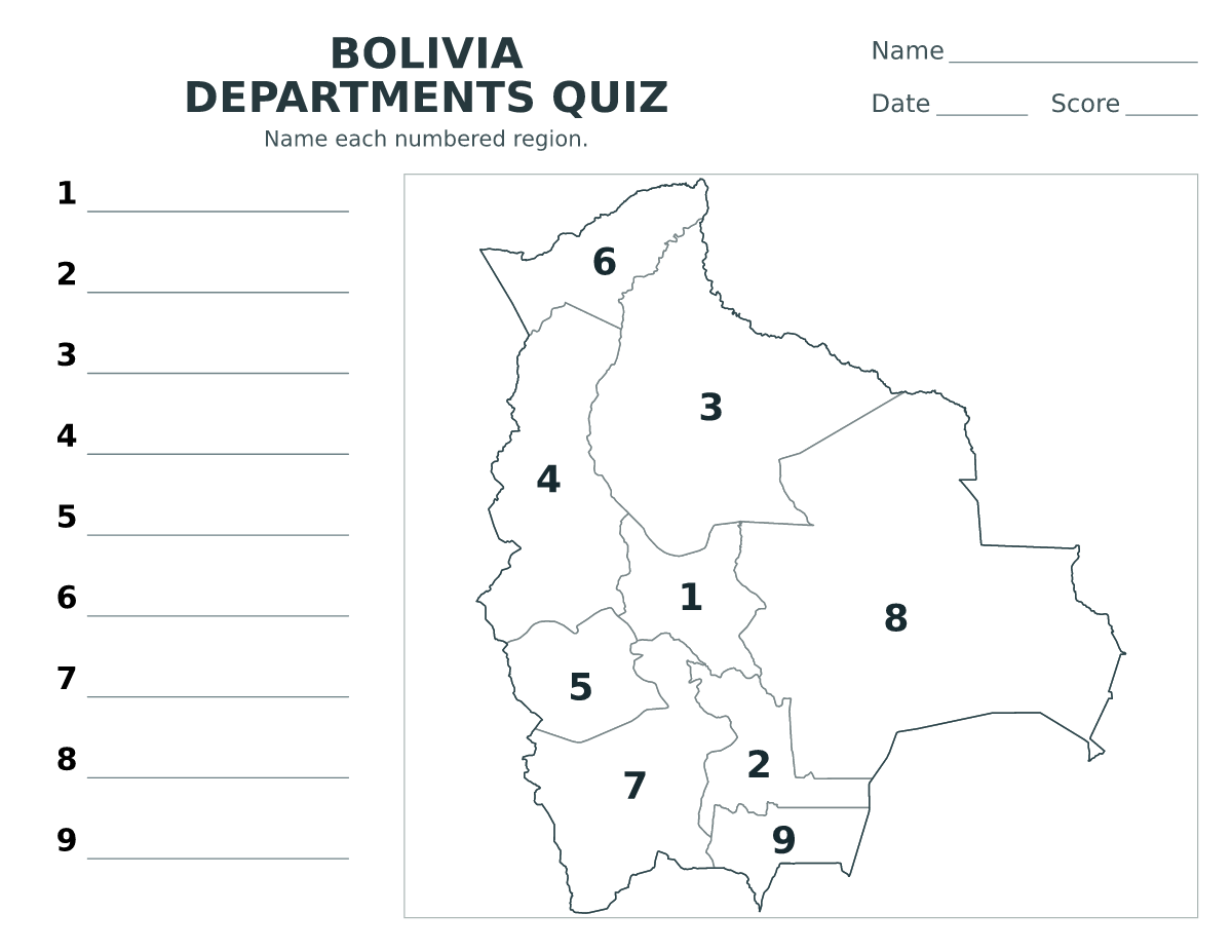Cuestionario de departamentos: Bolivia con 9 departamentos con números.