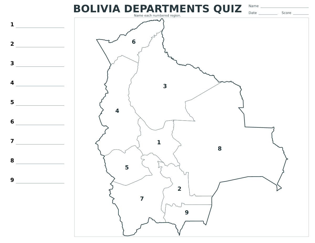 Cuestionario de departamentos: Bolivia con 9 departamentos con números.
