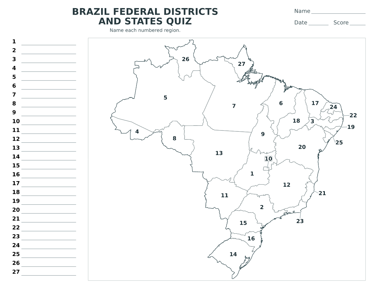 Cuestionario imprimible del mapa de Brazil con 27 regiones numeradas.