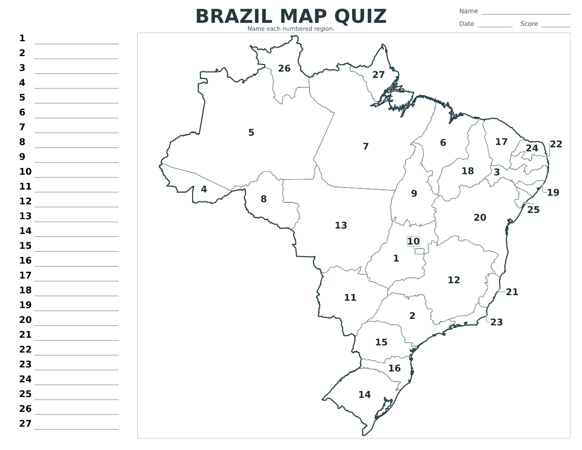 Cuestionario imprimible del mapa de Brazil con 27 regiones numeradas.