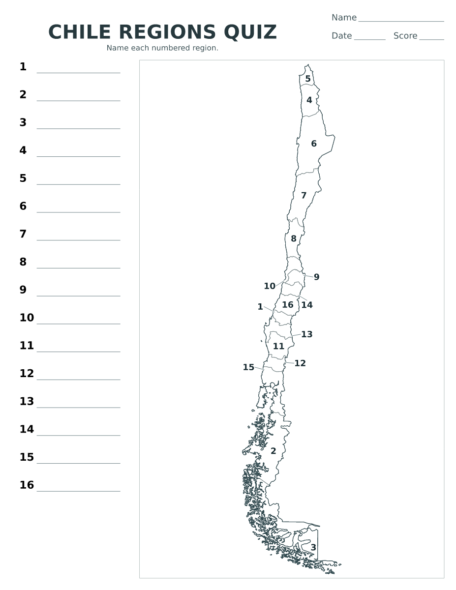 Cuestionario de regiones: Chile con 16 regiones con números.