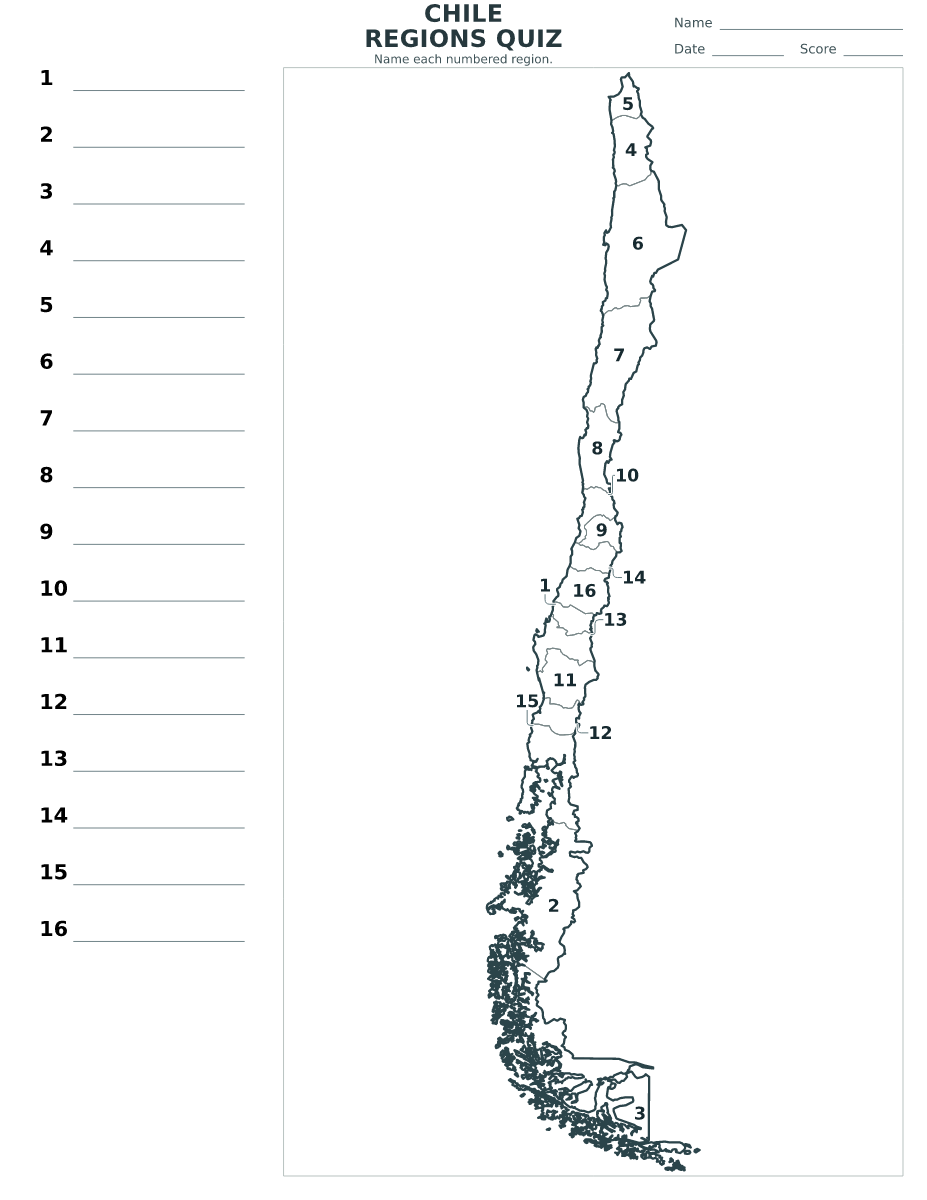 Cuestionario de regiones: Chile con 16 regiones con números.