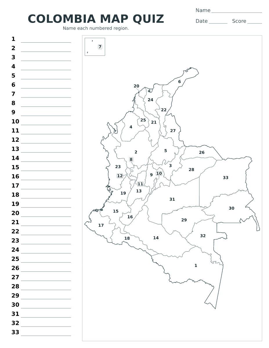 Cuestionario imprimible del mapa de Colombia con 33 regiones numeradas.