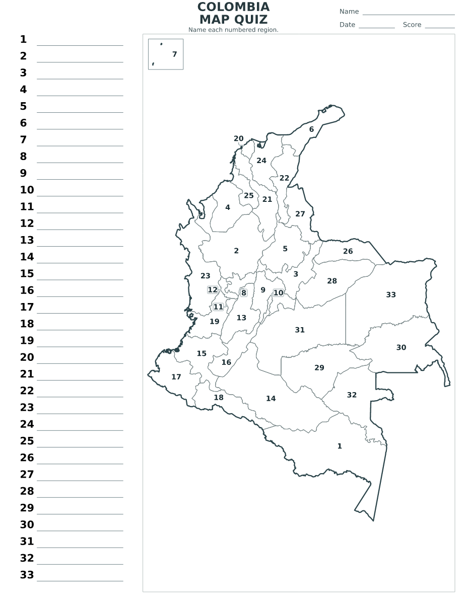 Cuestionario imprimible del mapa de Colombia con 33 regiones numeradas.